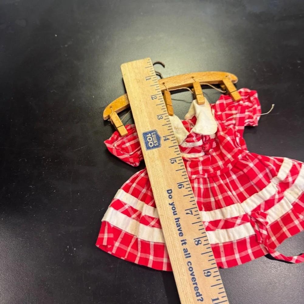 Vintage Doll Dress Red White Gingham Check Peter Pan Collar Tiny Hanger